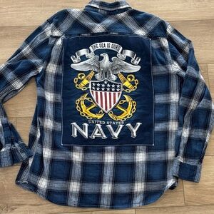 Navy Blue Plaid Men's Shirt with one of a kind Navy logo on back size large